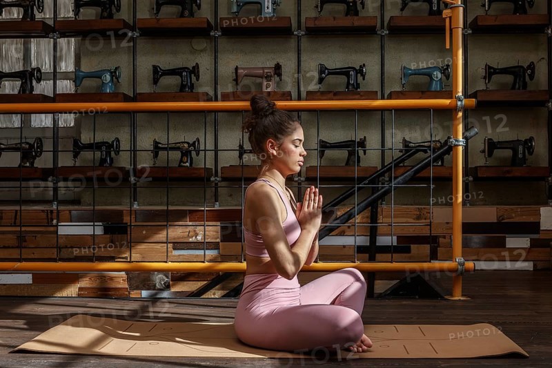 A woman practices yoga meditation in an industrial style room, surrounded by vintage sewing machines. She sits cross legged, eyes closed, on a mat, embodying peace