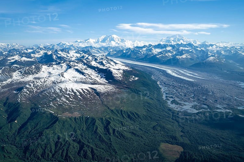 Kahlitna Glacier, Mt Foraker and Mt Denali or Mount McKinley, aerial view, Alaska Range, Denali National Park, Alaska, USA