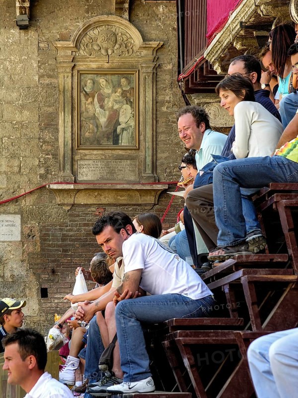 Il Palio di Siena, historic horse race, grandstand with spectators, Piazza del Campo, historic centre, Siena, Tuscany, Italy