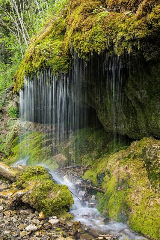 Moss-covered rocks and waterfall, Wutach Gorge, Bonndorf, Baden-Württemberg, Black Forest, Germany