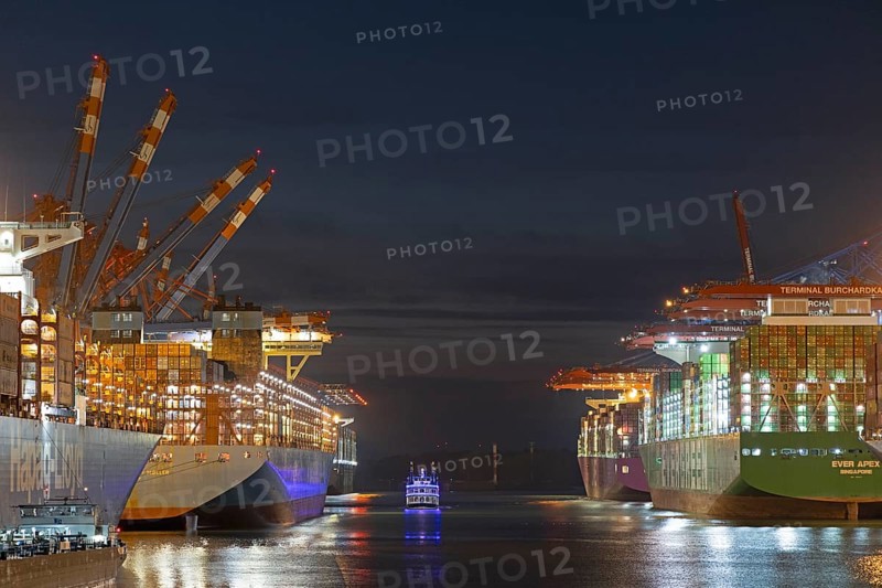 Blue Hour, container port, Eurogate and Burchardkai container terminals, container ships, Raddamper Louisiana Star, Waltershof, Hamburg, Germany