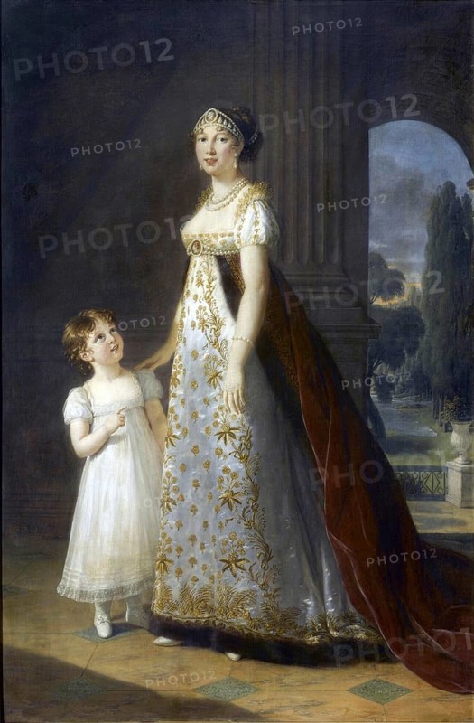 Caroline Murat née Bonaparte (25 March 1782, 18 May 1839), actually Maria Annunziata Carolina Buonaparte was Queen of Naples and the youngest sister of Napoléon Bonaparte. Caroline as the 25-year-old Grand Duchess of Berg with her daughter, Princess Laetitia, Historical, digitally restored reproduction from a 19th century original, Record date not stated