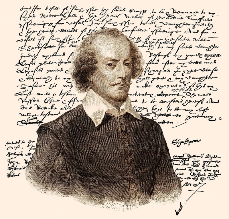 Porträt und Faksimile des Testaments von William Shakespeare, 1564 - 1616, einem englischen Dramatiker, Dichter und Schauspieler