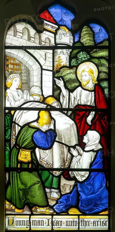 Detail stained glass window of Christ's life, Burlison & Grylls c 1880, Kelsale church, Suffolk, England, UK, Young Man Arise