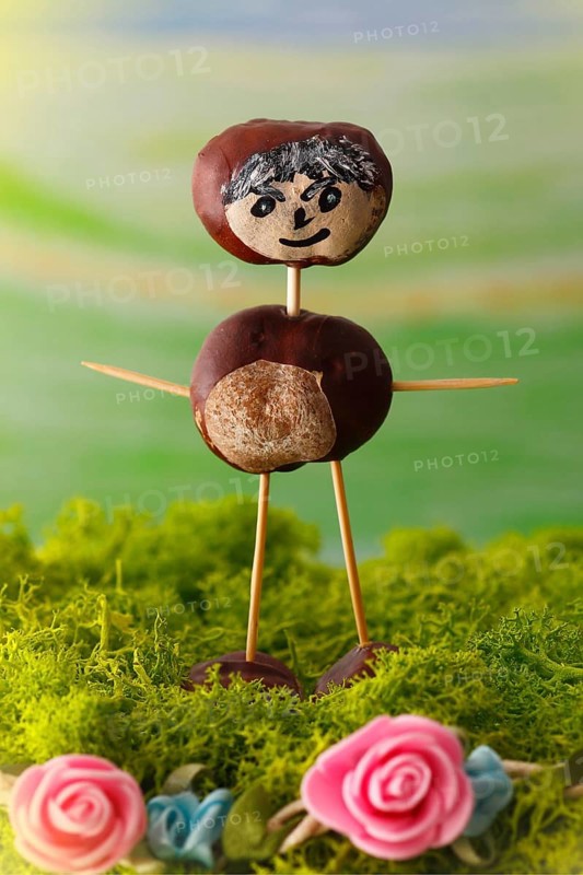 Chestnut figure standing on Iceland moss with pink decorative roses, alienation, North Rhine-Westphalia, Germany