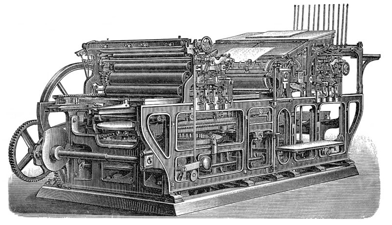 Historical illustration, 19th Century, Industrial printing press, Koenig & Bauer, Druckmaschine, Schnellpresse für Buchdruck, historische Zeichnung, 19. Jahrhundert