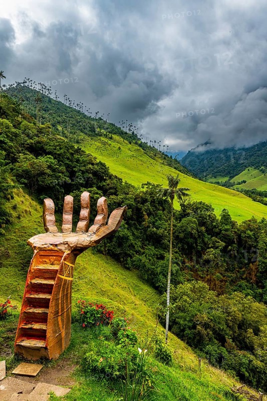 Giant hand installation, Cocora valley, Unesco site coffee cultural landscape, Salento, Colombia