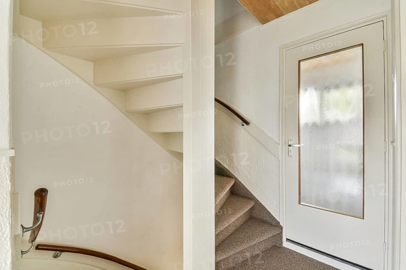 A minimalist indoor staircase with a modern design featuring light colored walls, a wooden handrail, and carpeted steps leading to the upper floor, creating a cozy atmosphere