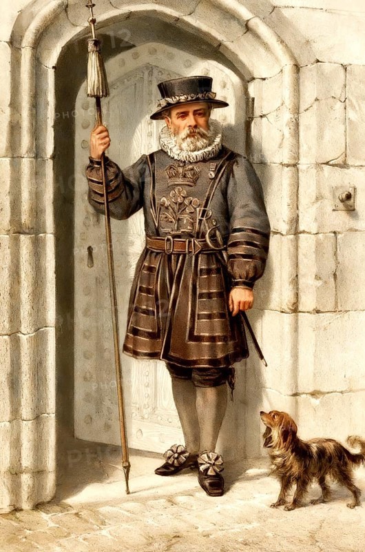 A Yeoman Warder of Her Majesty's Royal Palace and Fortress the Tower of London, or Beefeater, ceremonial guardian of the Tower of London, United Kingdom, 19th century