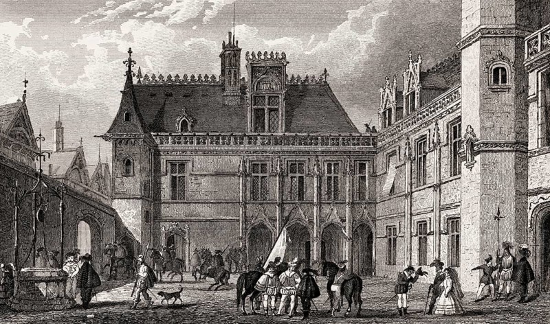 Hôtel de Cluny, Paris, 15th century, antique steel engraved print, 1831