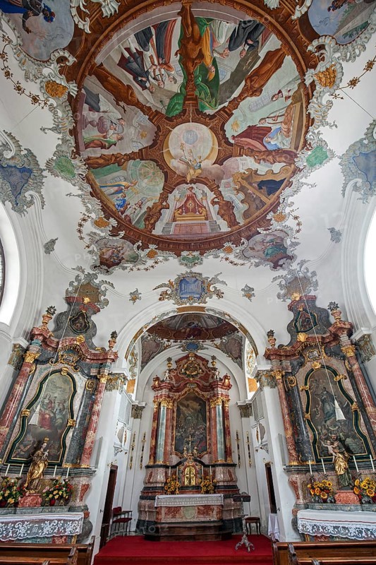 Church, baroque basilica St. Mang, interior view with ceiling fresco, Füssen, Ostallgäu, Bavaria Germany