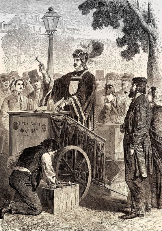 Anti-nicotine pipe merchant, demonstration by Claude Cotte, Paris, France, 1862