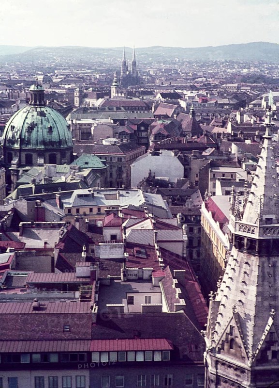 View over rooftops from Stefansdom of Vienna, Austria, early 1960s