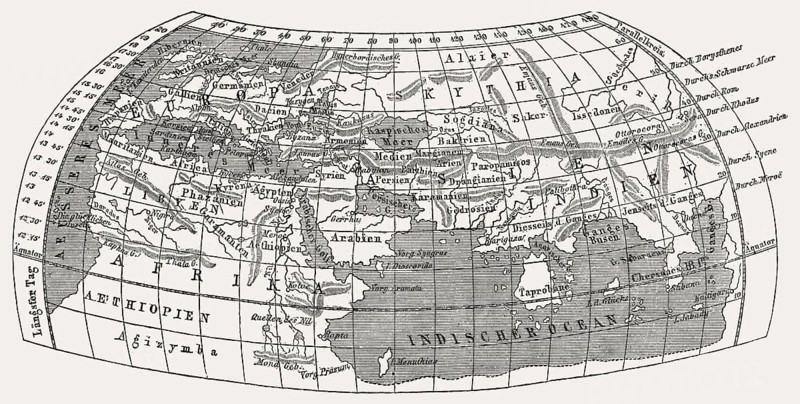 World map by Claudius Ptolemy, c.?100 – c.?170, a Greek mathematician, astronomer, geographer and astrologer