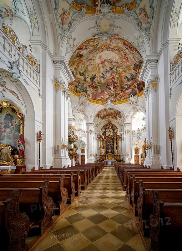 Catholic parish church of St Marinus and Anianus, former abbey church of the Benedictine monastery of Rott in rococo style, interior view, Rott am Inn, Bavaria, Germany