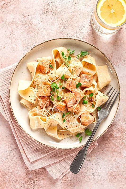 Tagliatelli pasta, with salmon slices and herbs, on a decorative plate, homemade, no people