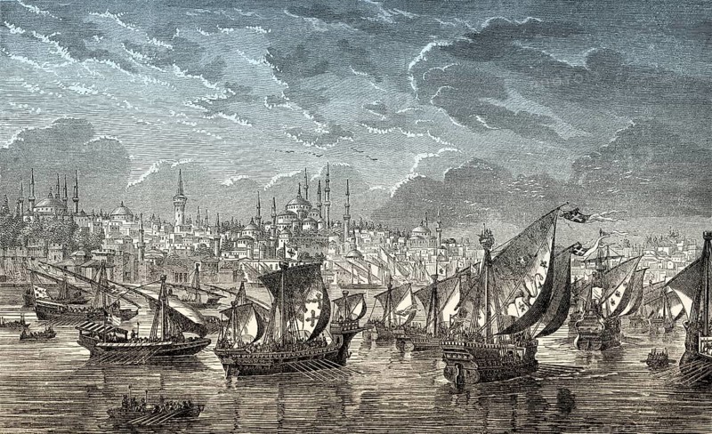 The fleet of the crusaders in front of Constantinople during the Fourth Crusade in 1203, Riva river, Turkey