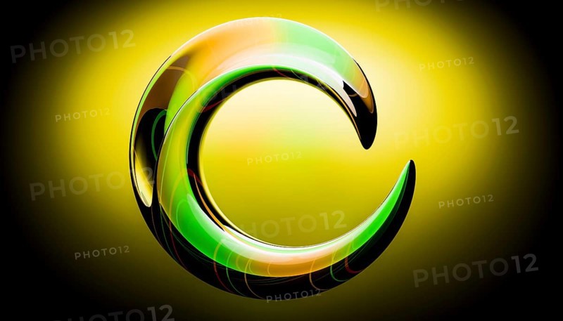 Abstract 3D illustration featuring a glossy green crescent, set against a vibrant yellow and black gradient background, exuding a futuristic and dynamic feel