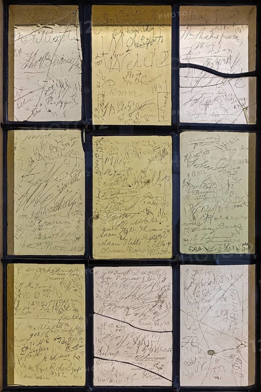 Interior photograph, visitors' signatures carved into window glass, William Shakespeare's birthplace, Stratford-upon-Avon, Warwickshire, England, Great Britain