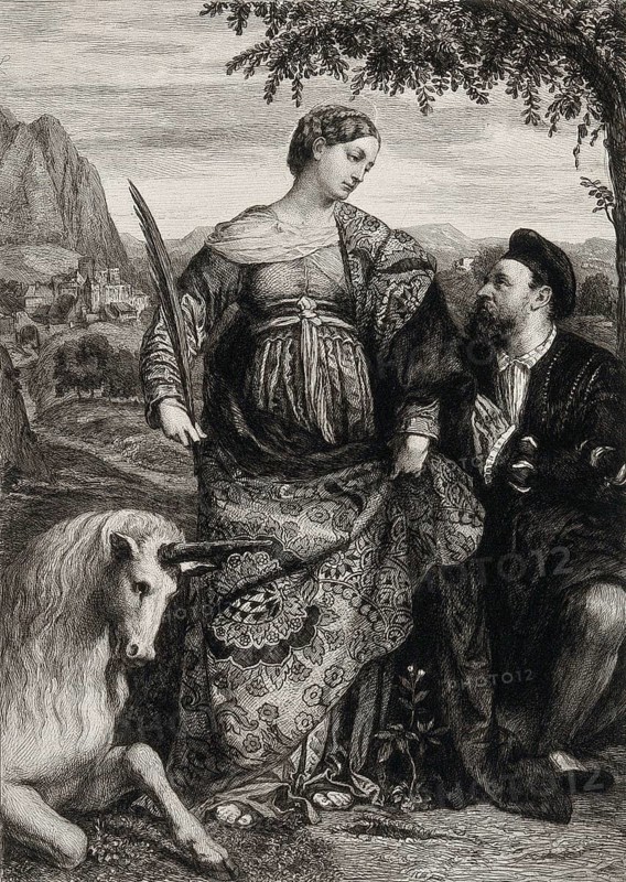 St Justina with a unicorn and a man praying to her. Etching by W. Unger after Moretto of Brescia, Historic, digitally restored reproduction from a 19th century original, Record date not stated