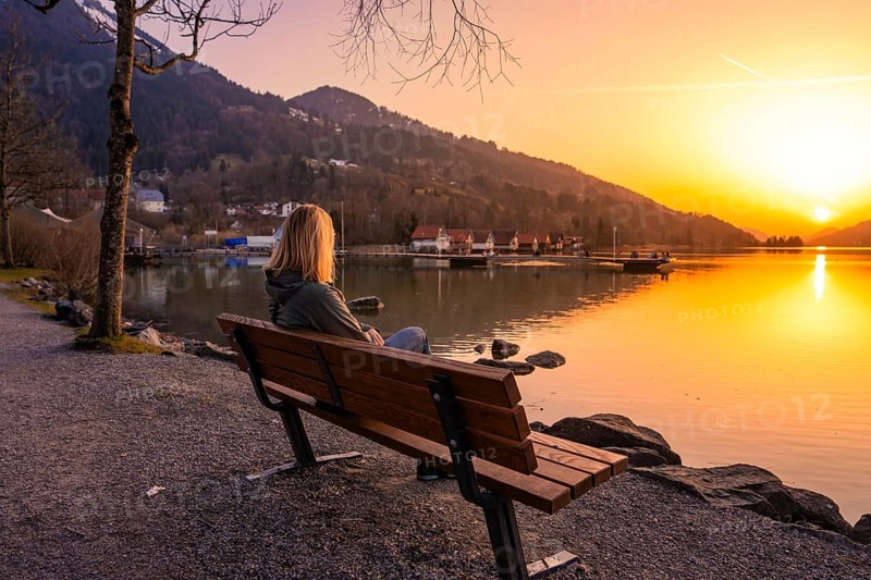A person sitting on a bench by the lake at sunset with mountains in the background, Großer Alpsee, Immenstadt im Allgäu, Bavaria, Germany