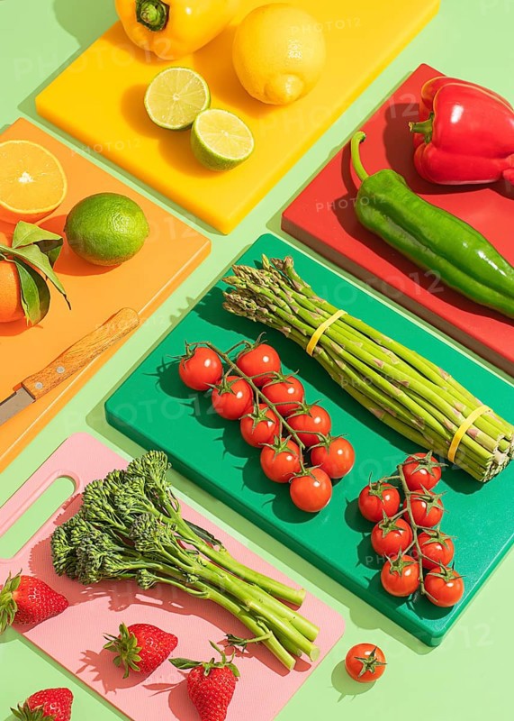 A vibrant display of assorted fresh fruits and vegetables, including tomatoes, asparagus, and citrus fruits on colorful cutting boards, showcasing healthy food preparation
