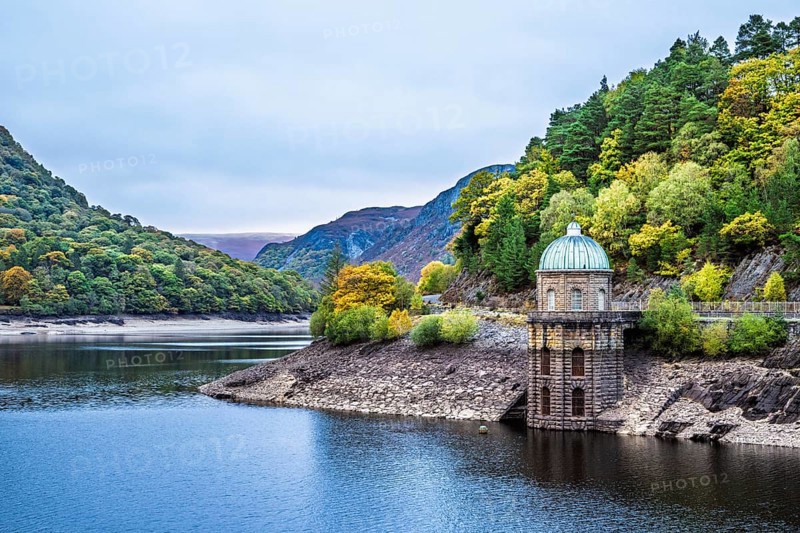 Autumn colors over Garreg Ddu Dam, Elan Valley, Caban-Coch Reservoir, Rhayader, Wales, UK