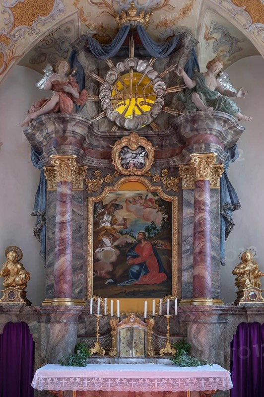 Altar with Lenten cloth, 18th century, St Laurentius and Agatha Church, Frankenhofen, Kaltental, Ostallgäu, Bavaria, Germany
