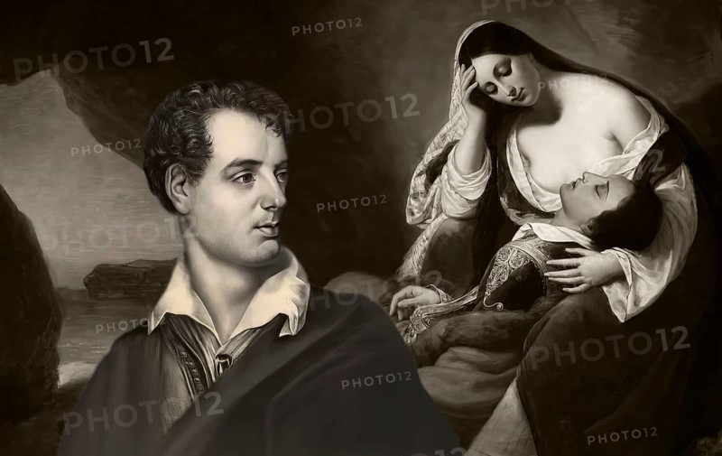 Portrait of George Gordon Noel Byron, Don Juan asleep on Haidée's lap, painting by Henry Scheffer after Byron's poem Don Juan, 1827, digital edited