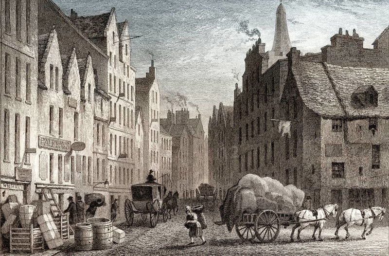 Cowgate, looking East, Edinburgh, Scotland, 19th century, from Modern Athens by Th. H. Shepherd