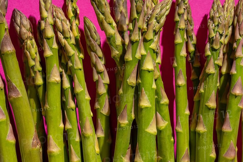A bundle of fresh green asparagus spears stand out against a vibrant pink background, highlighting their natural texture and vivid color. Ideal for food and health themes