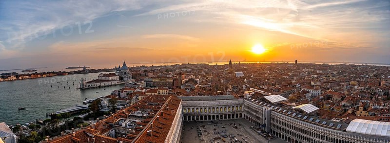 Panorama, St Mark's Square and Basilica di Santa Maria della Salute on the Grand Canal at sunset, view from the Campanile di San Marco bell tower, city view of Venice, Veneto, Italy
