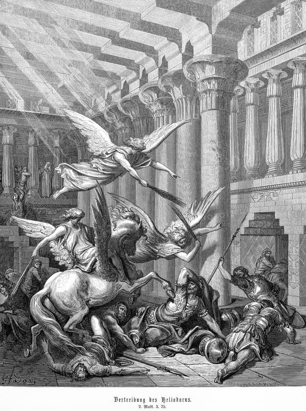 Expulsion of Heliodorus, 2nd book of the Maccabees, chapter 3, verse 25, God protects his temple, rider in golden armor, winged horse, rearing, hooves, shagen, angel, ray of light, wounded, lances, armor, fear, terror, battle, Christian religion, Bible, Old Testament, steel engraving Doré, historical illustration 1885