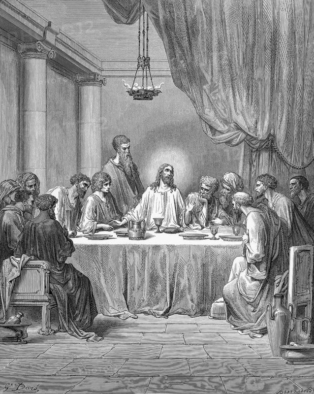 The Last Supper, Jesus celebrating the Farewell Supper with the Twelve, Matthew chapter 26, verse 20, betrayer Judas, breaking bread, chalice, plate, sitting, jug, oil lamp, burning, curtain, pillars, preparations Passover, interior, twelve disciples, set table, betrayal, Christian religion, Bible, New Testament, steel engraving Doré, historical illustration 1885