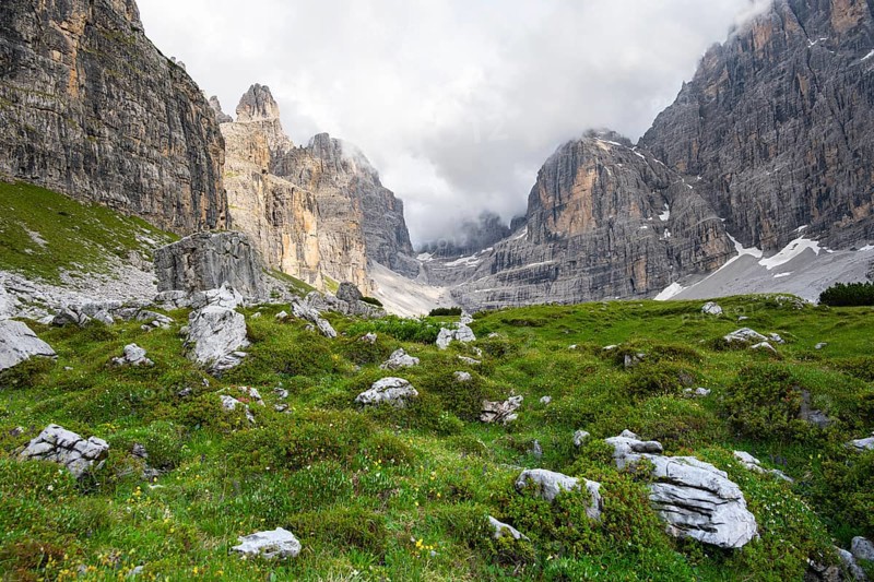Cliffs and pinnacles in fog, Brenta Mountains, Brenta-Adamello Natural Park, Trentino, Italy