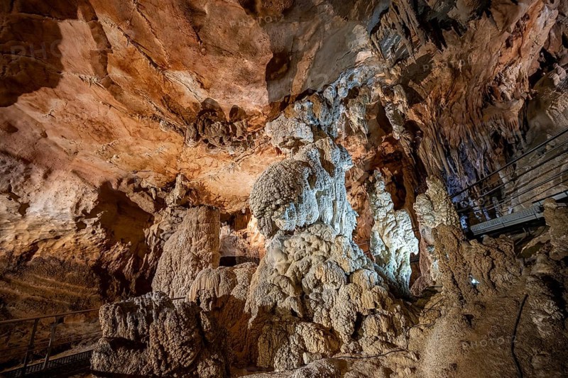 Stalactites and stalagmites, rock formations in a stalactite cave, Grotta del Fico, Gulf of Orosei, Baunei, Sardinia, Italy