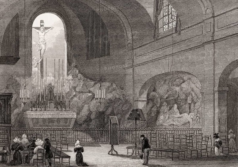 Chapelle du Calvaire, Eglise de St Roche, Church of Saint-Roch, Paris, antique steel engraved print, 1831