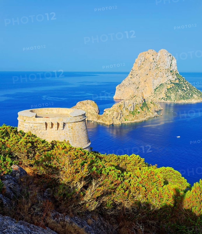 View of Torre des Savinar and Es Vedra island, Ibiza, Balearic Islands, Spain