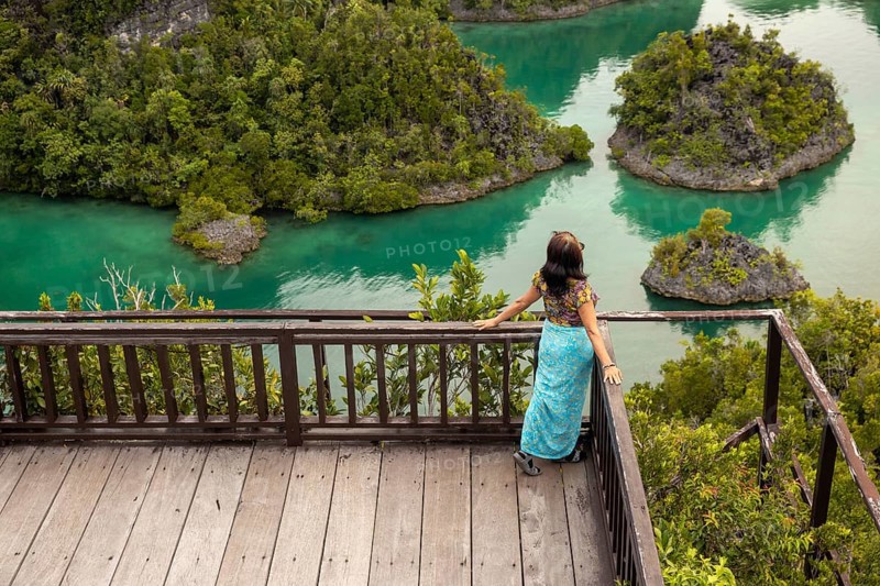 A woman stands on a wooden deck, admiring a lush tropical landscape with vibrant green water and islands of Indonesia. The peaceful scenery provides a sense of tranquility and escape