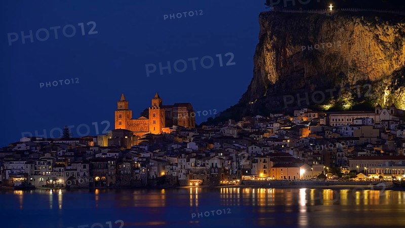 View of the coastal town of Cefalu at night, church, lights, Sicily, Italy, Cefalu, Sicily, Italy