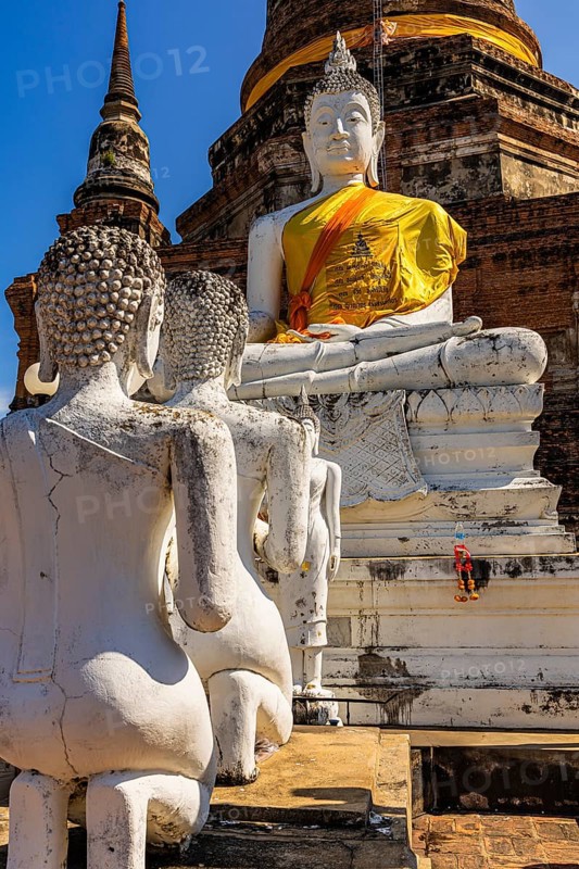 Stone Buddha statues, historic Buddhist temple complex, Ayutthaya, Thailand