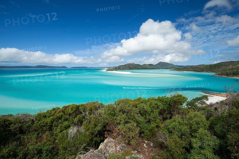Sunny daytime view from Hill Inlet lookout over Whitehaven Beach, Whitsunday Island, Queensland, Australia