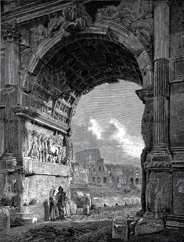 View of the Colosseum through the Arch of Titus, 1896, Rome, Italy, illustration, reproduction from a 19th-century model. Authentic, file restored for optimal use, exact date of original unknown, historic, impressive Roman triumphal arch with views of ancient ruins and cityscape