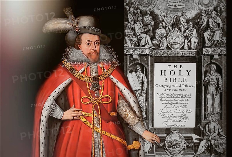 James VI and I, James Charles Stuart, 1566 – 1625, King of England, Scotland and Ireland, Frontispiece to the King James' Bible, 1611, digitally edited