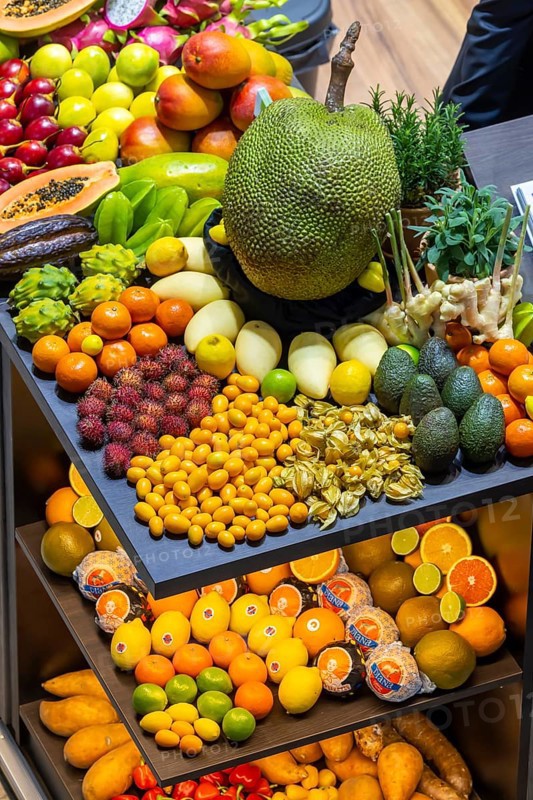 Exotic fruits, lychee, jackfruit, dragon fruit, mango and citrus fruits presented on a table, Germany