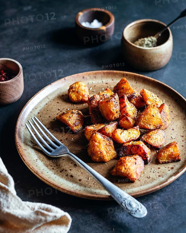 A rustic ceramic plate filled with crispy, herb roasted potatoes sits on a dark table. A fork and small wooden spice bowls accompany the dish, creating a cozy setting