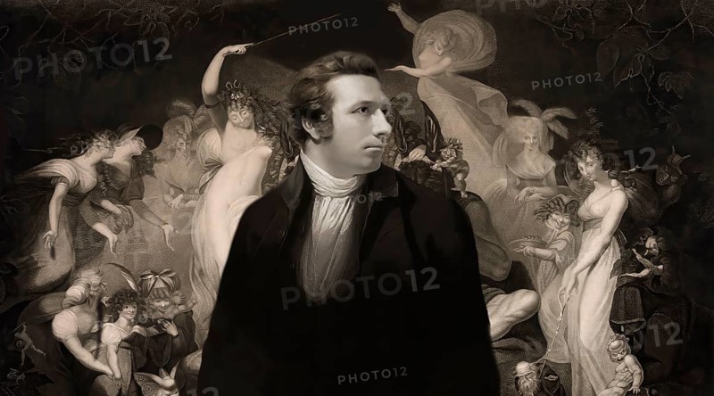 Henry Fuseli or Johann Heinrich Füssli, 1741 – 1825, Swiss painter, draughtsman and writer, digitally edited after Northcote, 1778, Titania and Bottom, scene from Midsummer Nights Dream, by William Shakespeare
