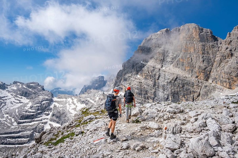 Mountaineers in the mountains, Via Ferrate Benini Via Ferrate, Cima Brenta, Brenta Mountains, Brenta-Adamello Natural Park, Trentino, Italy
