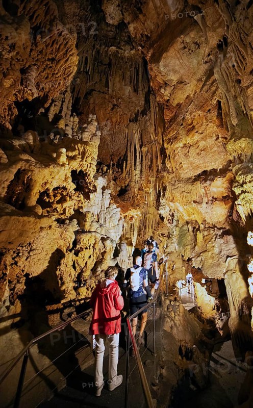 Cave with illuminated stalactites and stalagmites, stalactite cave, Diros Cave, Glyfada Cave, Vlychada Cave, Mani, Laconia, Peloponnese, Greece