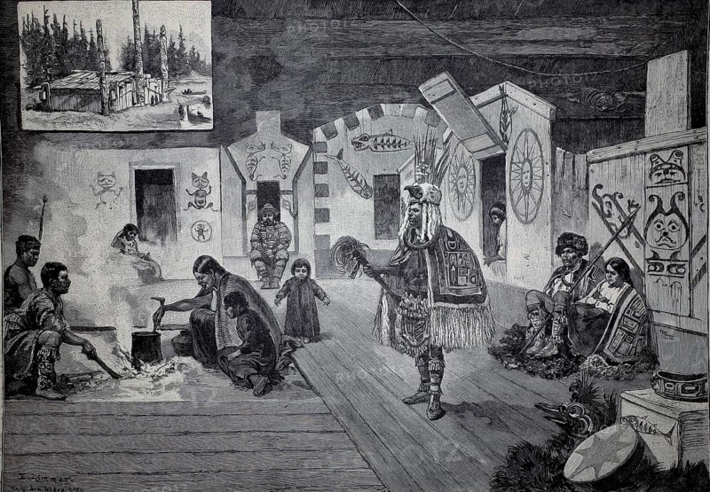 Home of the Vancouver Indians, 1890, Canada, illustration, reproduction from a 19th century model. Authentic, file restored for optimal use, exact date of original unknown, historical, traditional scene with dancer and trunk in decorative interior